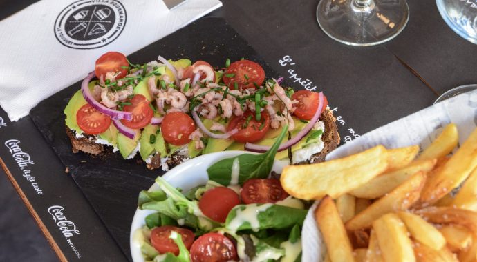 Avocado and shrimp open toast sandwich